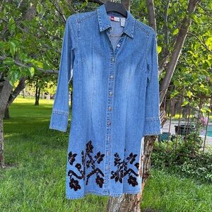 Vintage Denim Button-Front Dress/jacket with Dark Brown Flocked Floral design